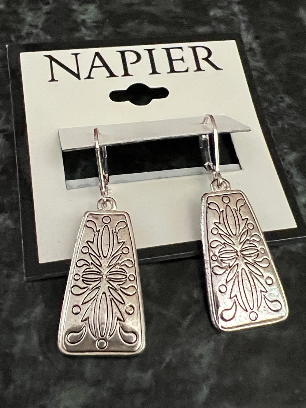 Napier Silver-Tone Floral Engraved Drop Earrings